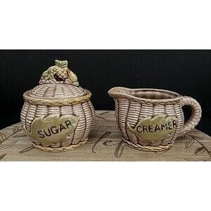 Vintage Tilso Japan Creamer & Covered Sugar Set Fruit Basket Weave Numbered